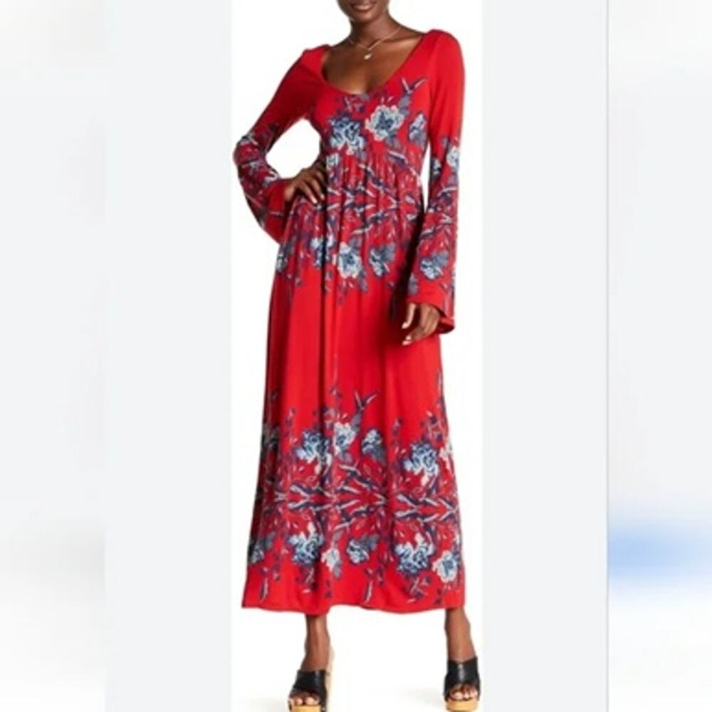 Free People Red Floral Maxi Dress Long Sleeve Boho NWT Size M